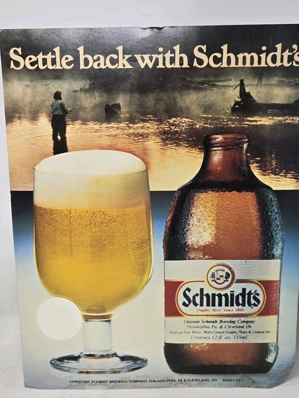 Vintage 1970's Schmidt's Beer Cardboard Advertising Sign Fishing 17x13